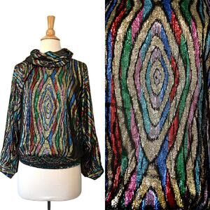 Vintage 80s W Germany Black Rainbow Moire Lurex Sheer Draped Blouson Disco Top